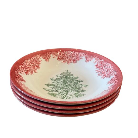 Royal Stafford CHRISTMAS TREE Porcelain Pasta Bowls 9" Red Green Set of 4 NEW - Picture 5 of 10